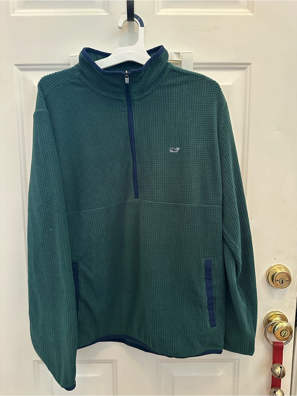 Vineyard Vines Dark Green Quarter-Zip Waffle Pullover with Navy Trim